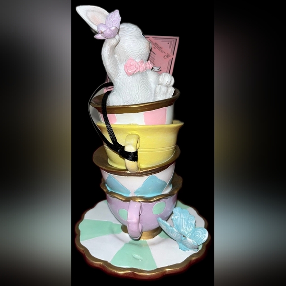 Tophat & Toil Easter bunny in stacked tea cups with Butterflies 7 In Resin - Picture 5 of 8